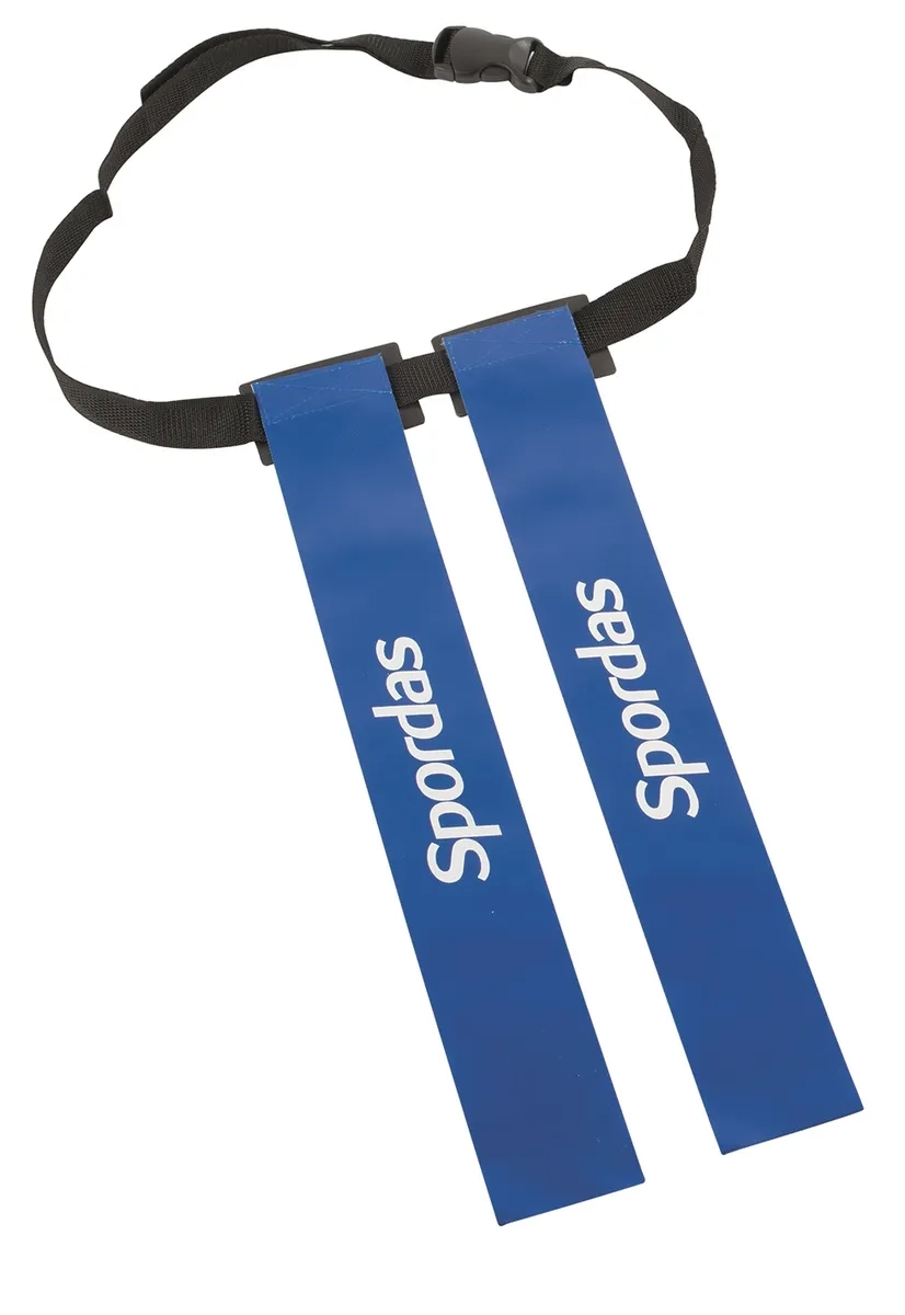Ceinture de Flag Football bleue Spordas avec ceinture noire réglable et deux drapeaux de jeu déchirables pour l'entraînement et le sport scolaire