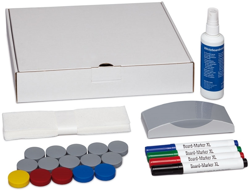 Whiteboard-Zubehör-Set mit Markern, Reinigungsflüssigkeit, Radierer, Tüchern und Magneten