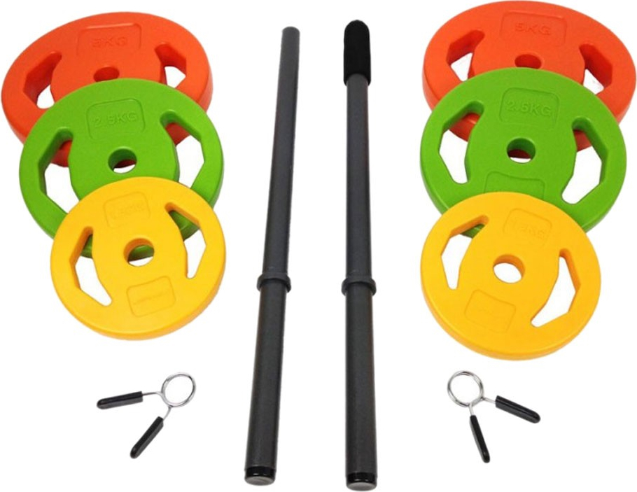 Set d'haltères polyvalent avec disques d'haltères et barres colorés, idéal pour l'entraînement à domicile et les exercices de fitness.