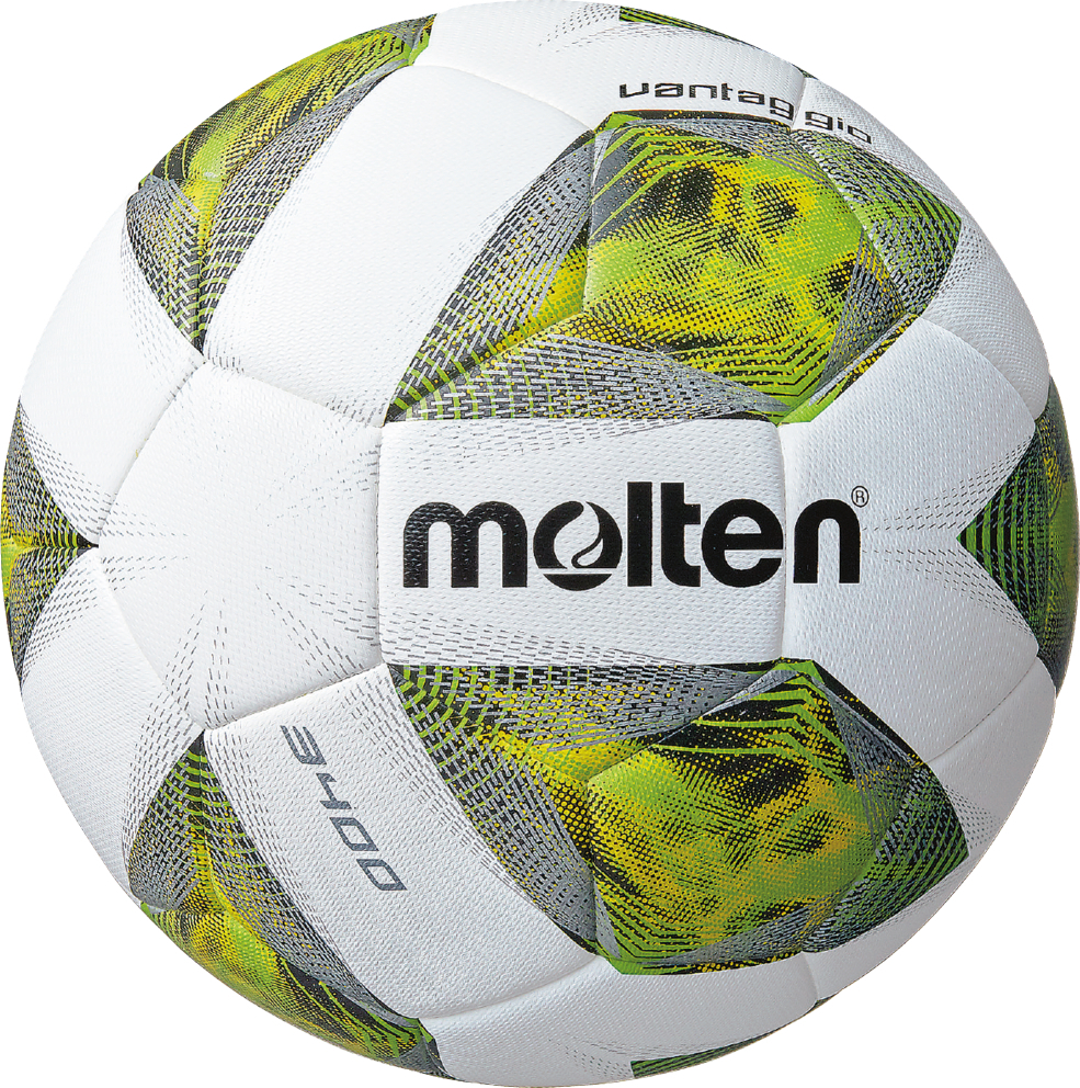 Ballon de football blanc de la marque Molten, modèle 3400, avec des motifs verts et gris.