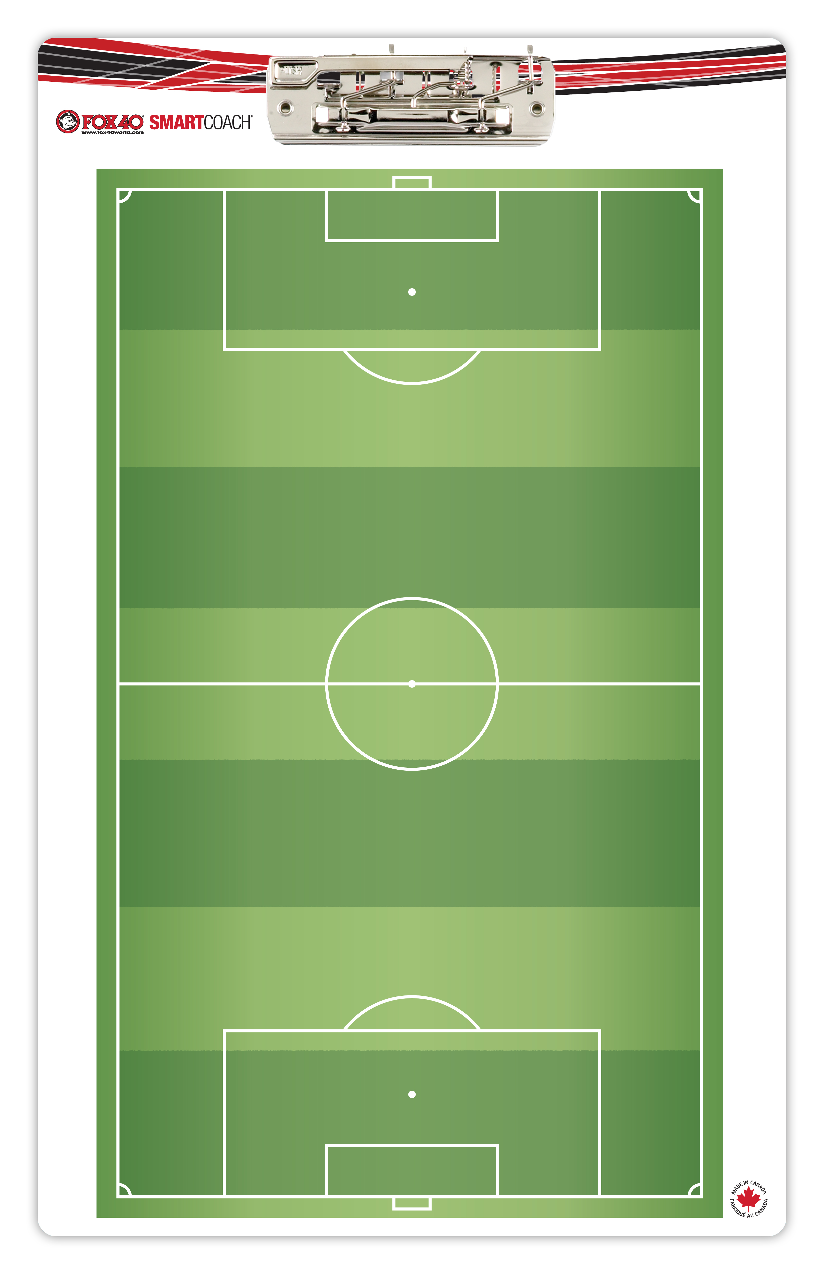 Klemmbrett mit Fußball-Spielfeld für Trainer zur Darstellung von Strategien und Training