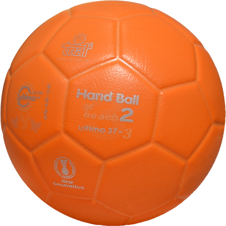 Orange Handball mit der Aufschrift 'Beach 2' und 'Ultima 37-3' für den Strand geeignet