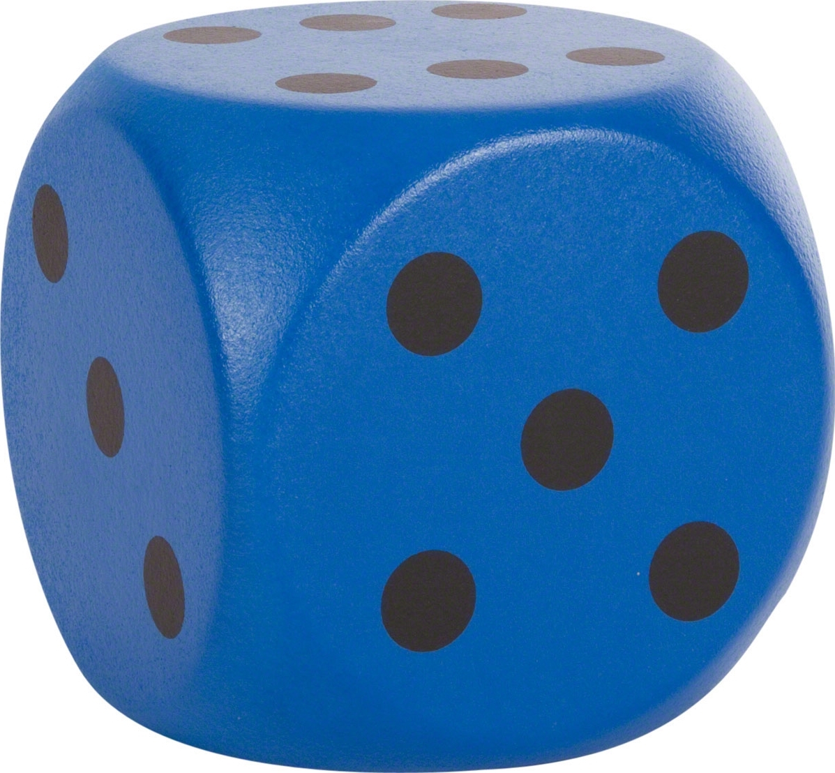 Cube bleu avec six points noirs sur une face et quatre sur l'autre