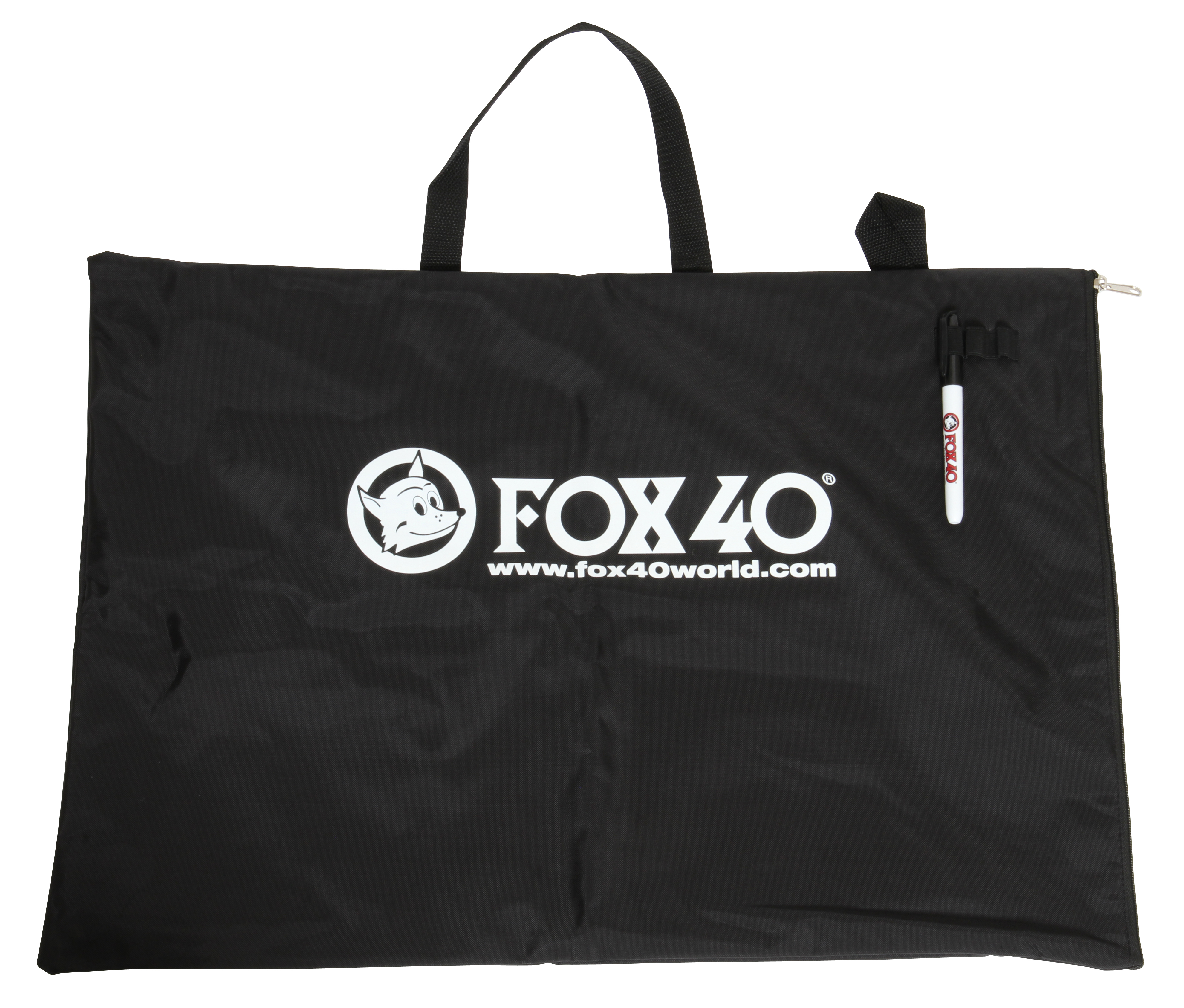 Schwarze Fox40 Tragetasche mit Logo und Stift an der Seite