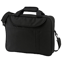Schwarze Laptoptasche aus Stoff mit verstellbarem Schulterriemen und Tragegriff