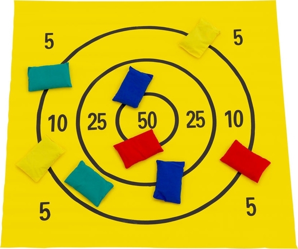 Tapis de jeu jaune avec cercles d'arrivée imprimés et différents sacs à lancer colorés
