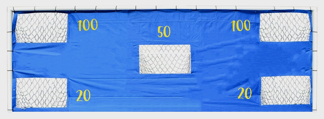 Panneau de tir bleu servant d'accessoire d'entraînement pour les cages de football, doté de cinq ouvertures de tir découpées et d'un système de points en jaune indiquant 100, 50 et 20