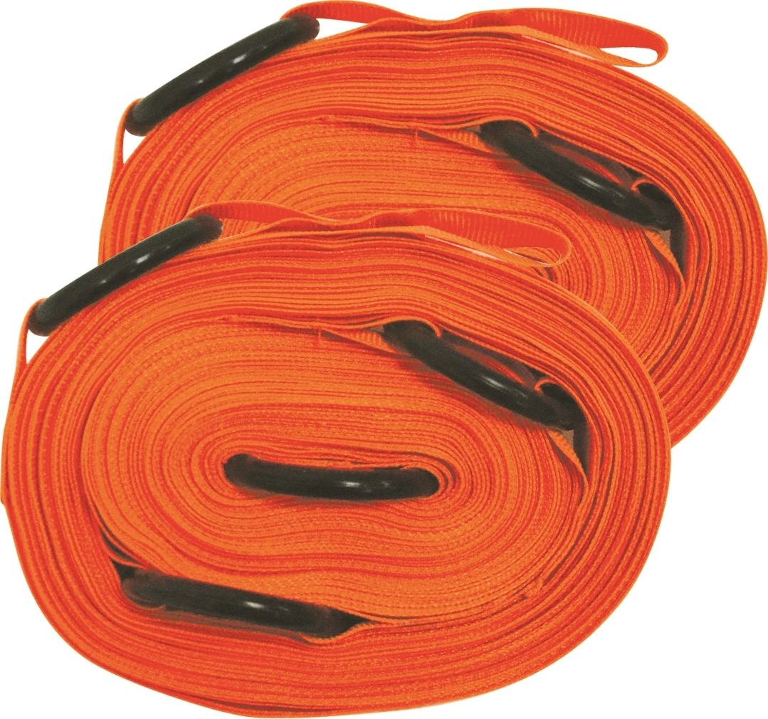 Bild von zwei aufgerollten orangenen Zurrgurten mit schwarzen Haken