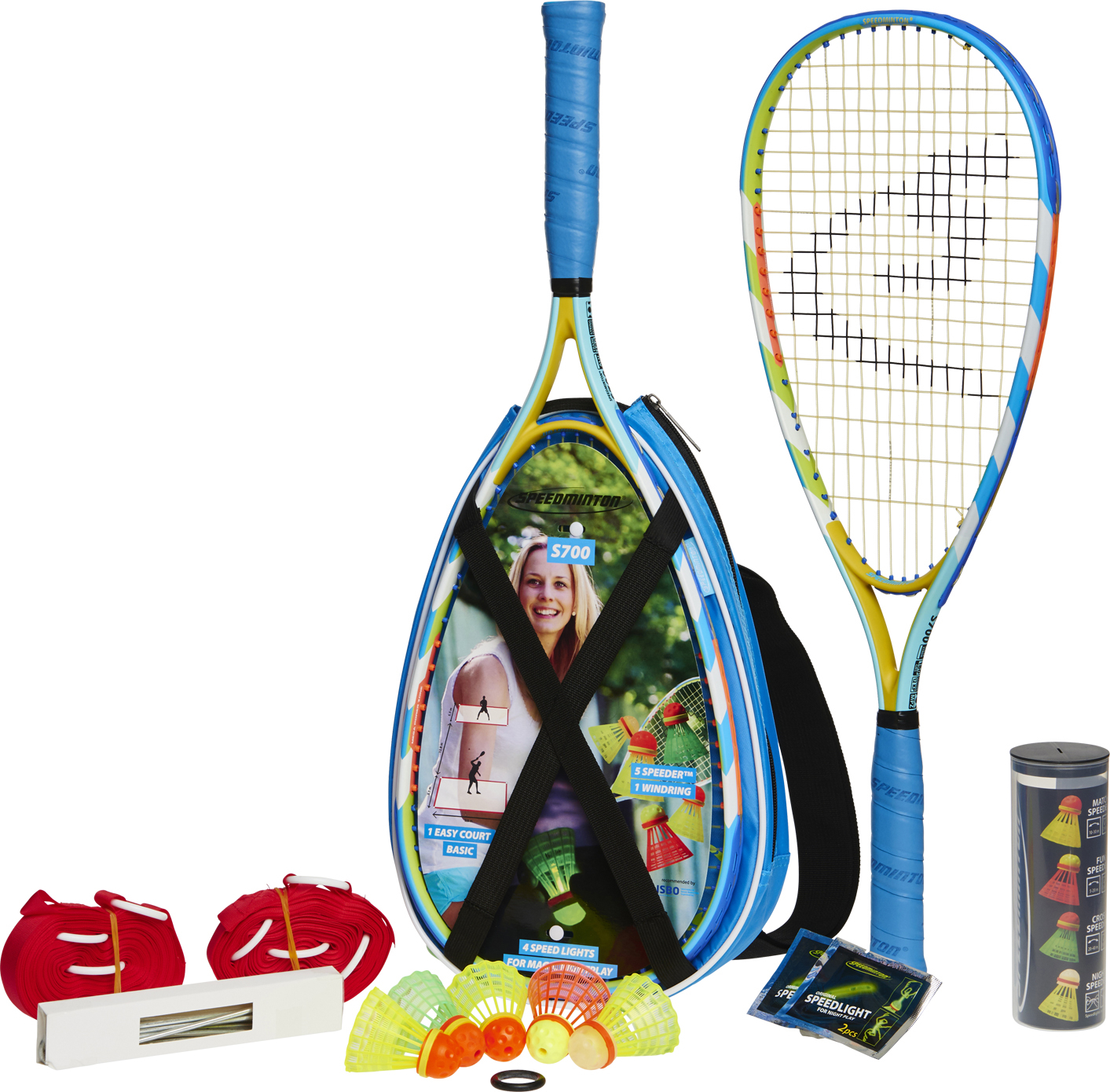 Abbildung des Speedminton Set S700 mit zwei bunten Schlägern, Federbällen, Zubehörtasche und Spielfeldmarkierungen