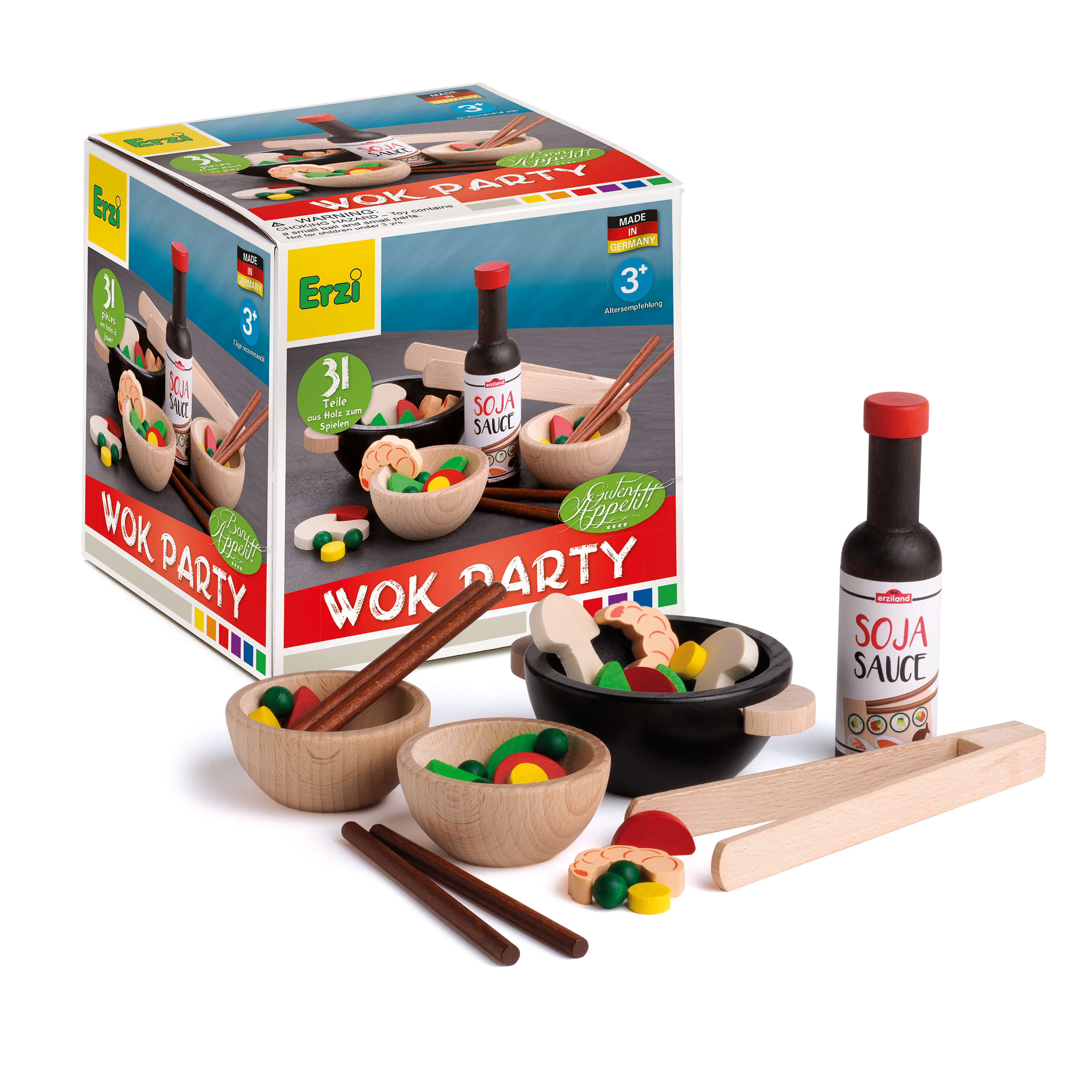 Erzi Set de jouets en bois Wok Party avec sauce soja, légumes et bols