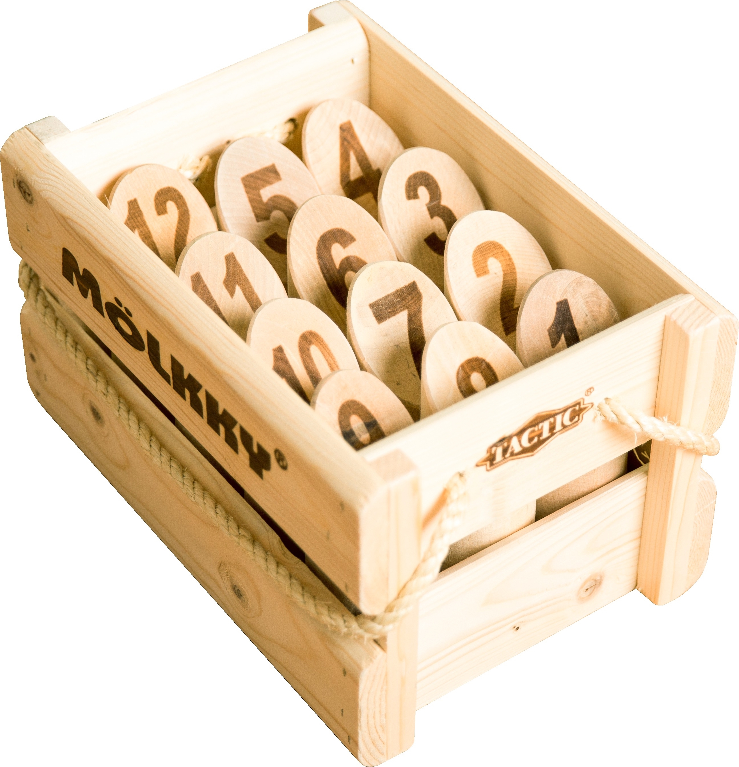 Eine Holzkiste mit nummerierten Mölkky-Holzzylindern, einem beliebten Geschicklichkeitsspiel.