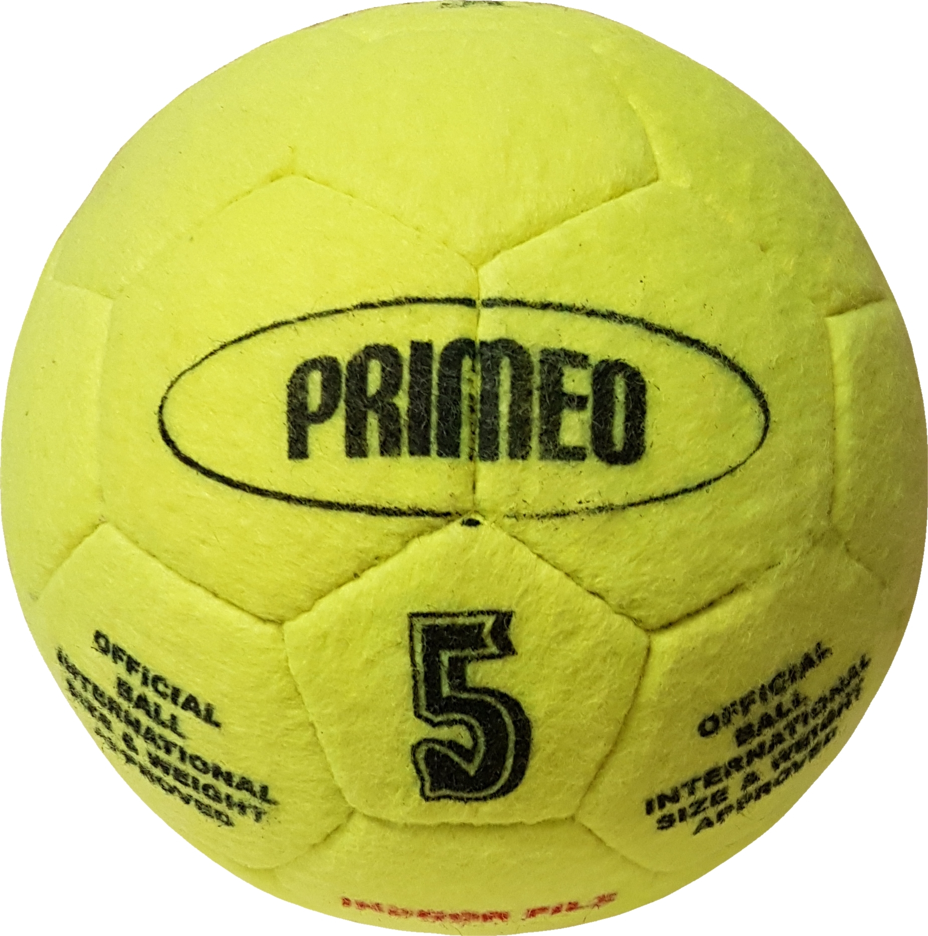 Ballon de handball jaune de marque Primeo, taille 5, homologué pour les tournois officiels.