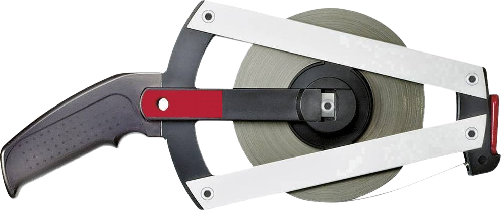 Ein robustes Maßband mit ergonomischem Griff und Metallrahmen, ideal für präzises Messen in Werkstatt und Bau.