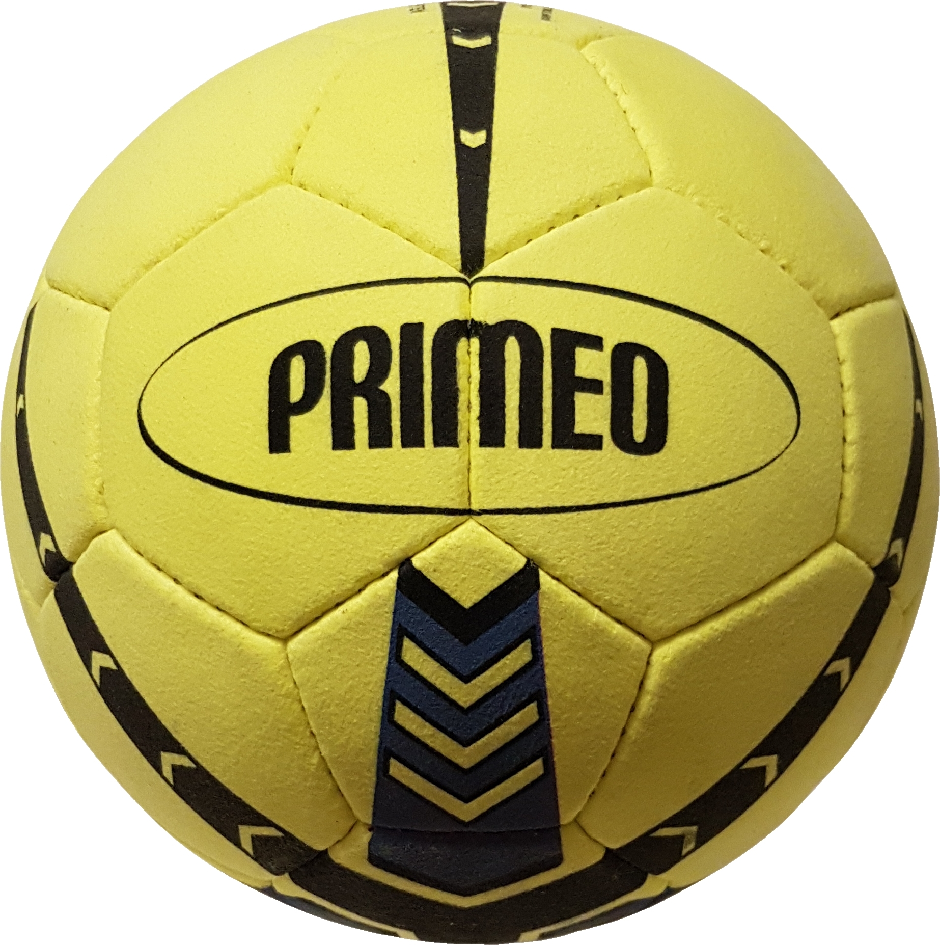 Un ballon de handball jaune avec le logo "PRIMEO" noir, adapté aux activités sportives de tous niveaux.