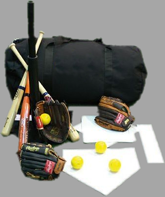 Equipement de baseball avec battes, gants, balles jaunes et sac