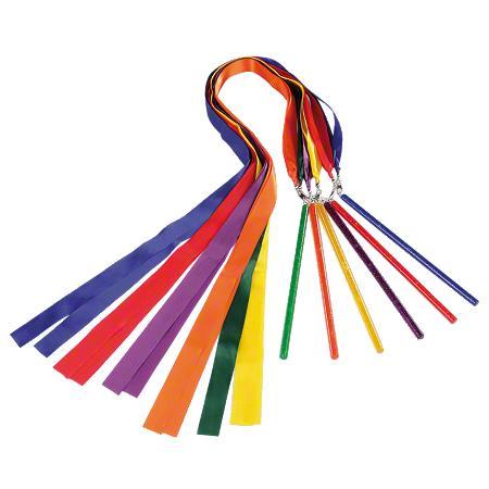 Bunte Gymnastikbänder mit Stäben in verschiedenen Farben für rhythmische Übungen