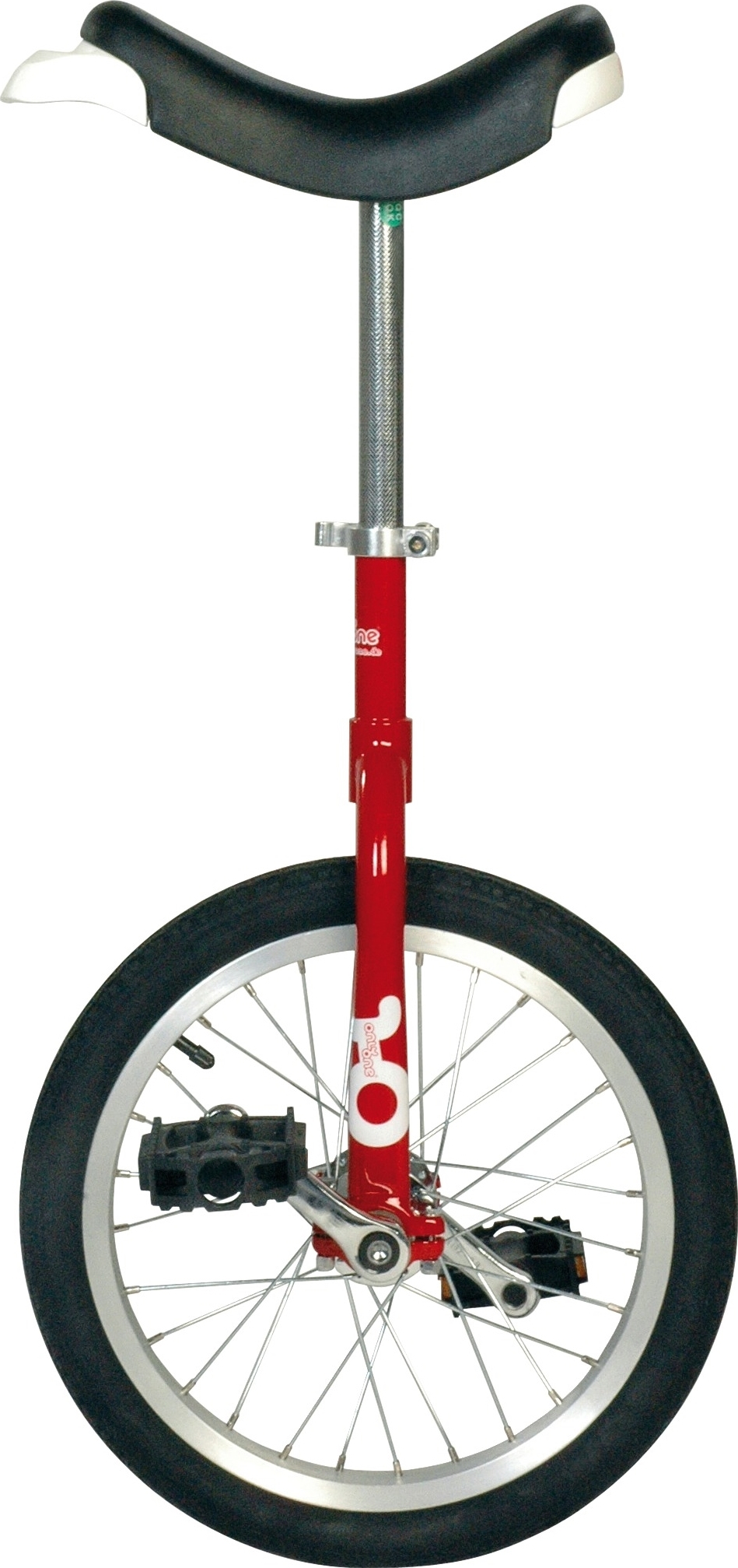 Einrad mit rotem Rahmen, schwarzem Sattel und Pedalen, Ansicht von vorne