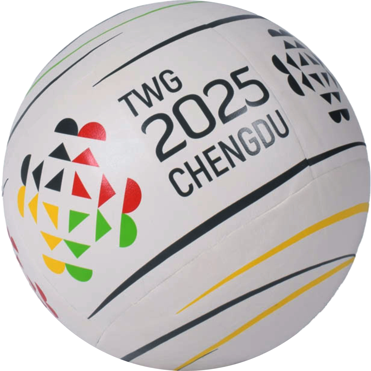 Weißer Ball mit Aufschrift 'TWG 2025 Chengdu' und buntem geometrischem Muster, offizieller Spielball für die World Games 2025