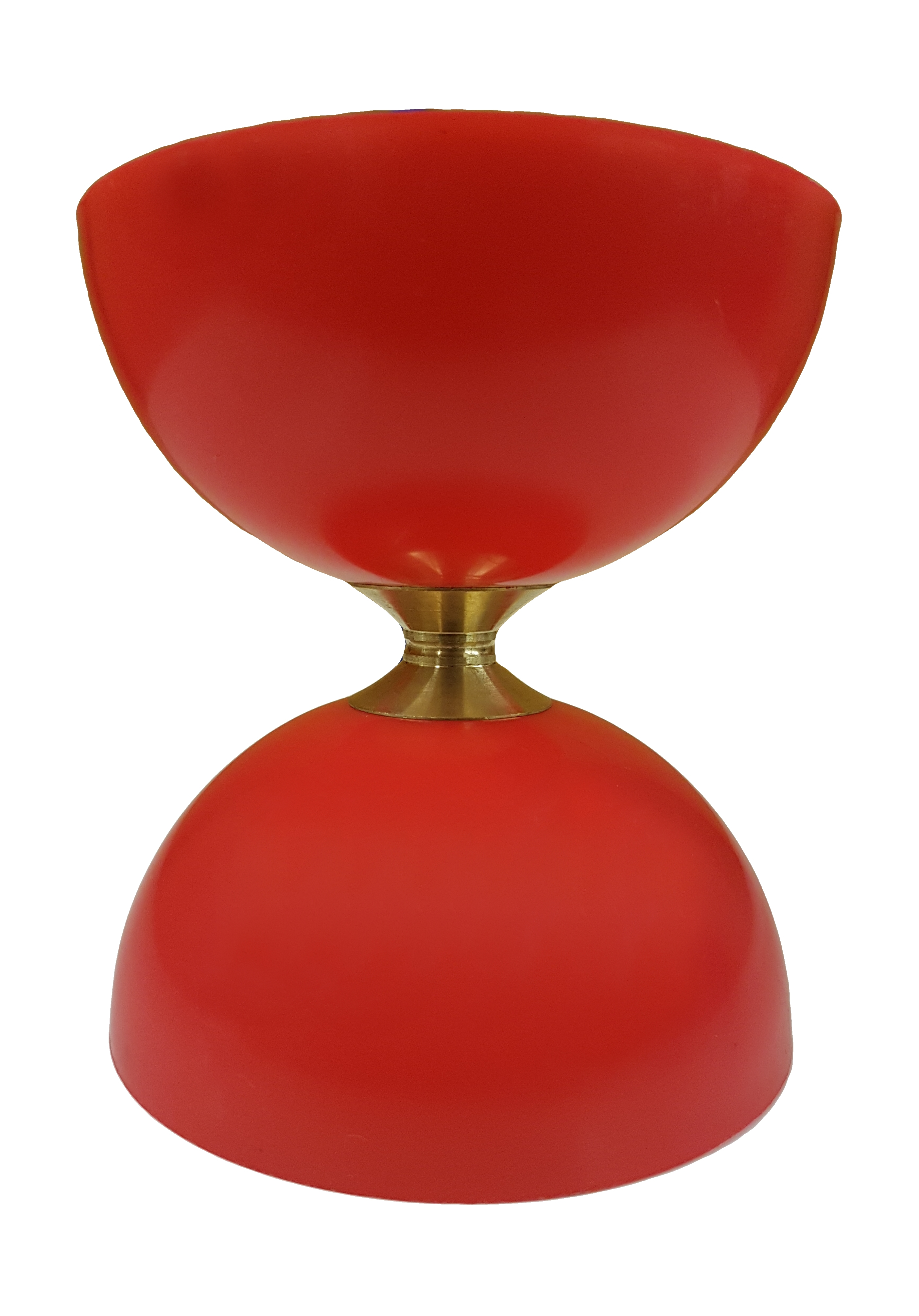 Grand diabolo rouge en plastique avec axe doré, adapté à la jonglerie et aux représentations artistiques.