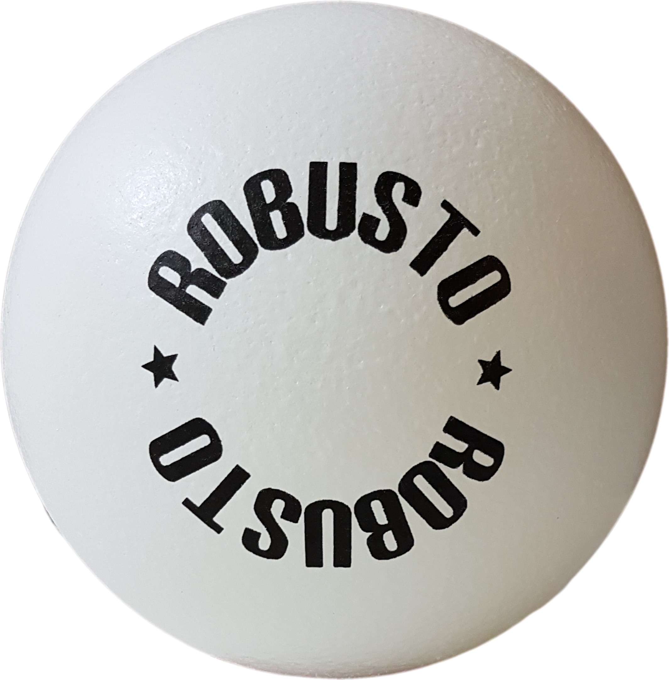 Balle de ping-pong blanche avec impression noire 'ROBUSTO' et motifs d'étoiles