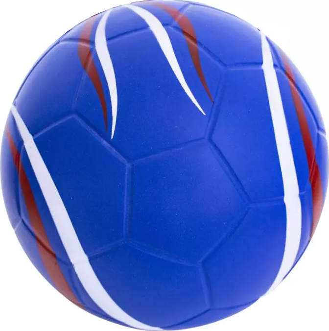 Gros plan sur un ballon de football bleu avec des bandes blanches et rouges dynamiques