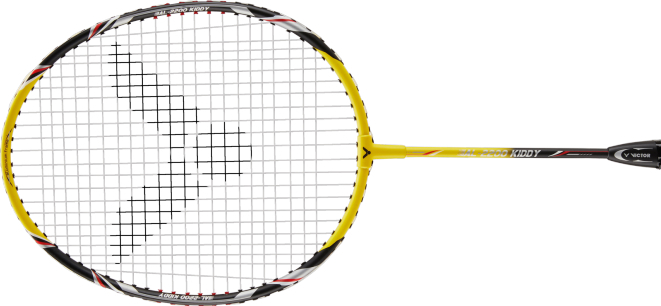 Badmintonschläger in gelb und schwarz, Draufsicht, ideal für Sportbegeisterte