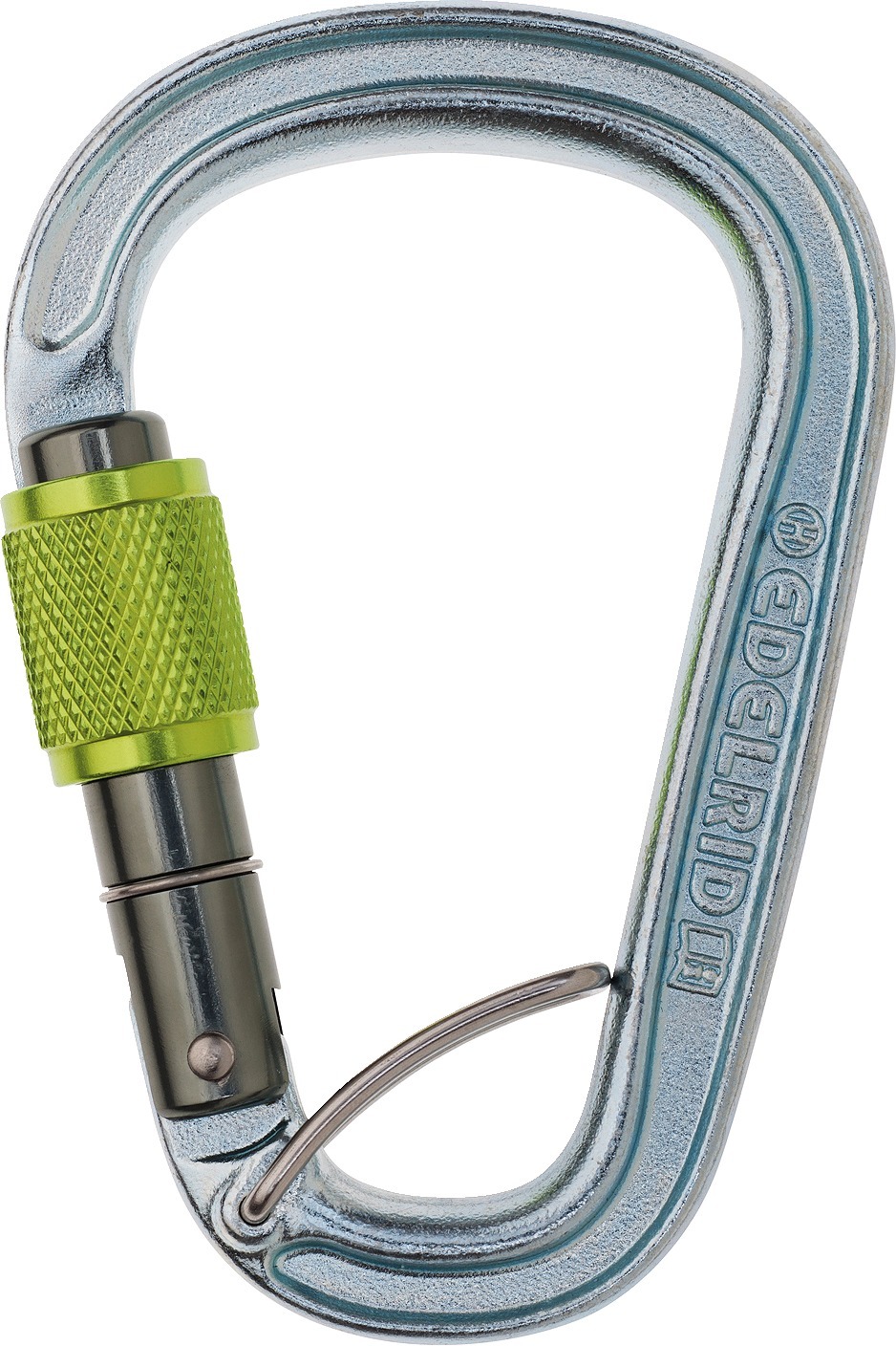 Stabiler Karabiner aus Metall mit grünem Verschluss für sicheres Klettern