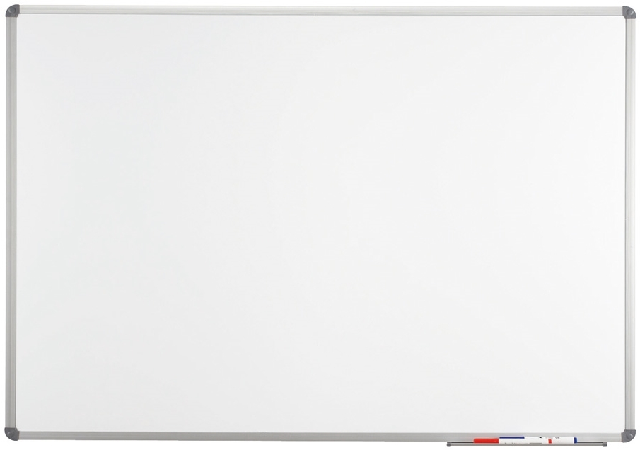 Ein leeres, rechteckiges magnetisches Whiteboard mit silbernem Rahmen und zwei Markern an der unteren Kante.