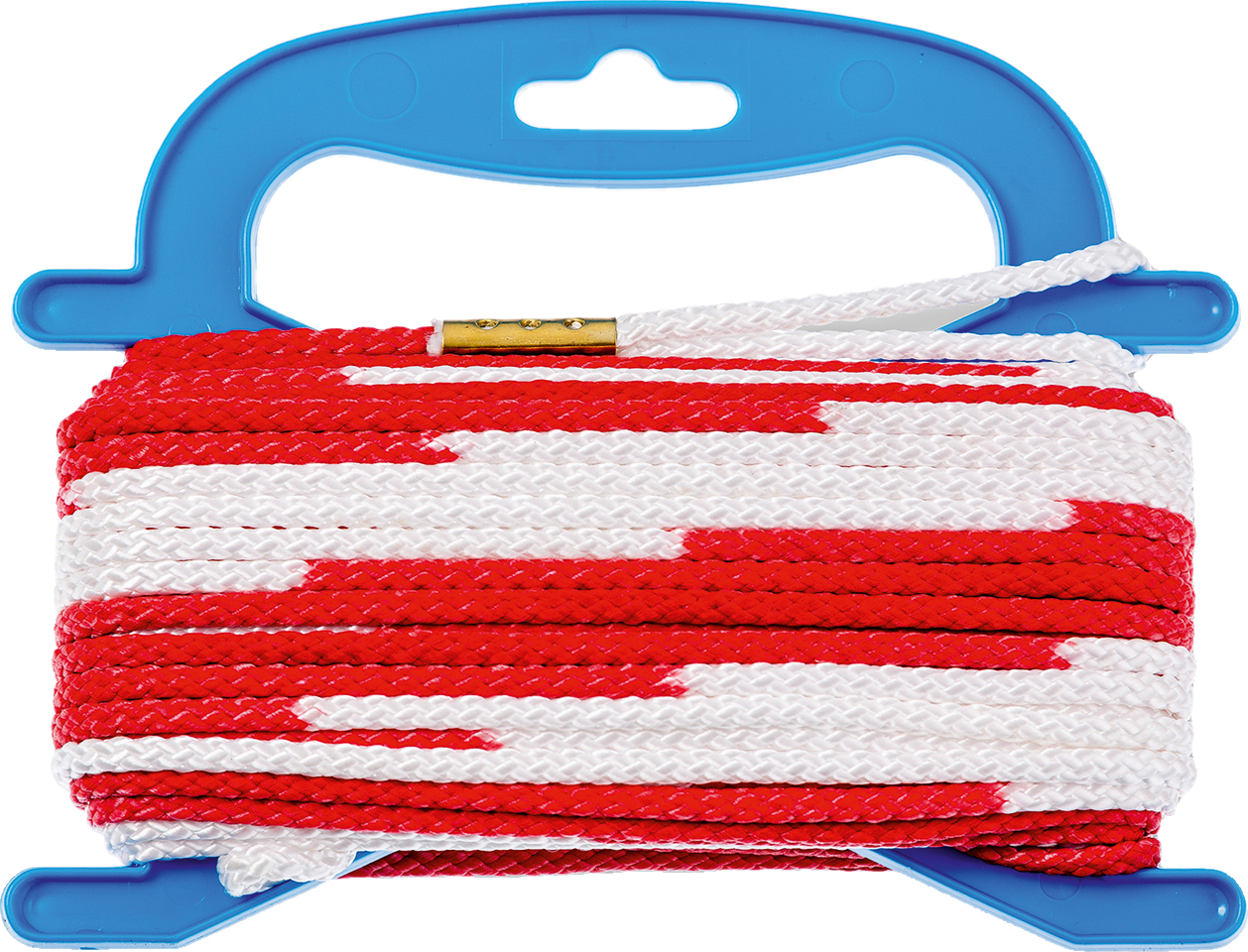 Nahaufnahme eines rot-weißen Markierungsbands, das auf einer blauen Kunststoff-Wickelhilfe aufgewickelt ist, ideal für Baustellen oder Gartenarbeit.