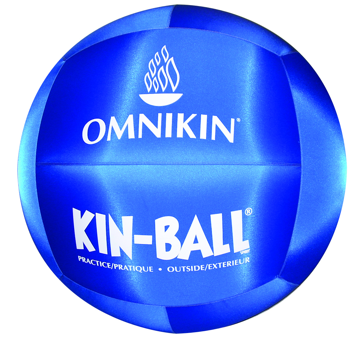 Ein blauer Omnikin Kin-Ball mit der Aufschrift 'Practice/Pratique Outside/Exterieur', geeignet für den Außeneinsatz.
