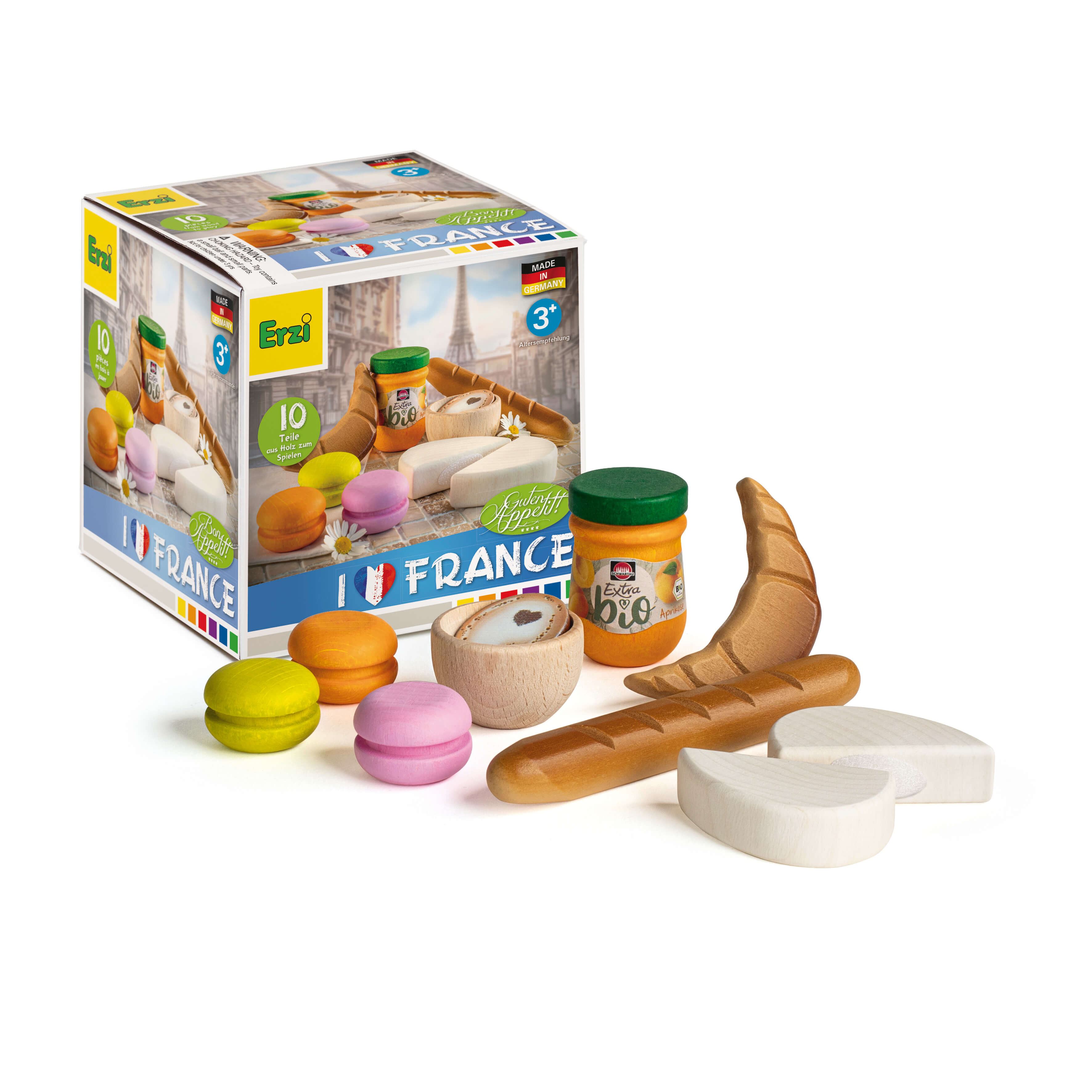 Spielzeug-Französisch-Set von Erzi mit Croissant, Macarons und Marmelade, ideal für Kinder ab 3 Jahren