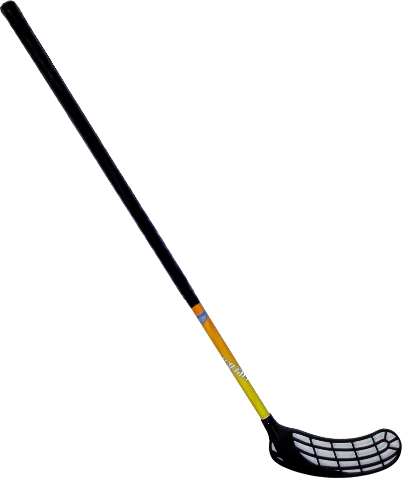 Crosse d'unihockey avec tête noire et poignée jaune sur fond blanc