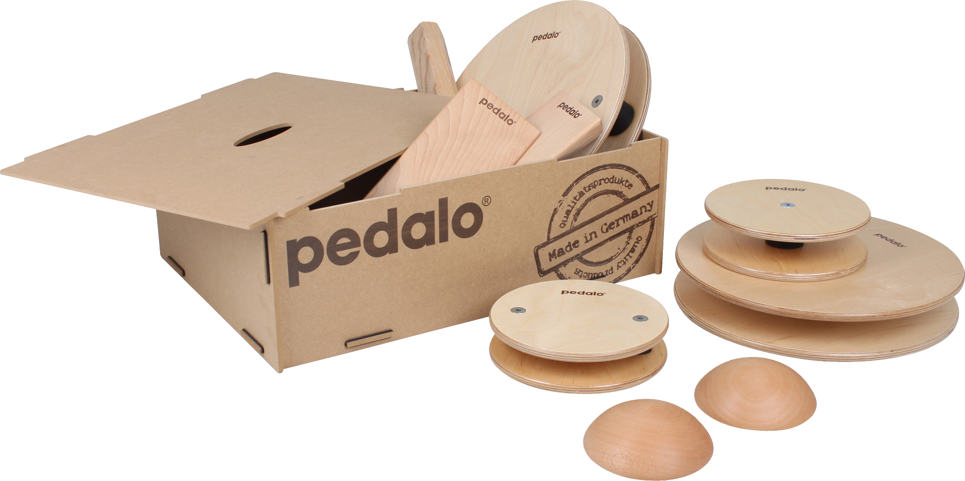 Ein Pedalo Balance Board Set in einer offenen Kartonverpackung, bestehend aus mehreren Holzelementen.