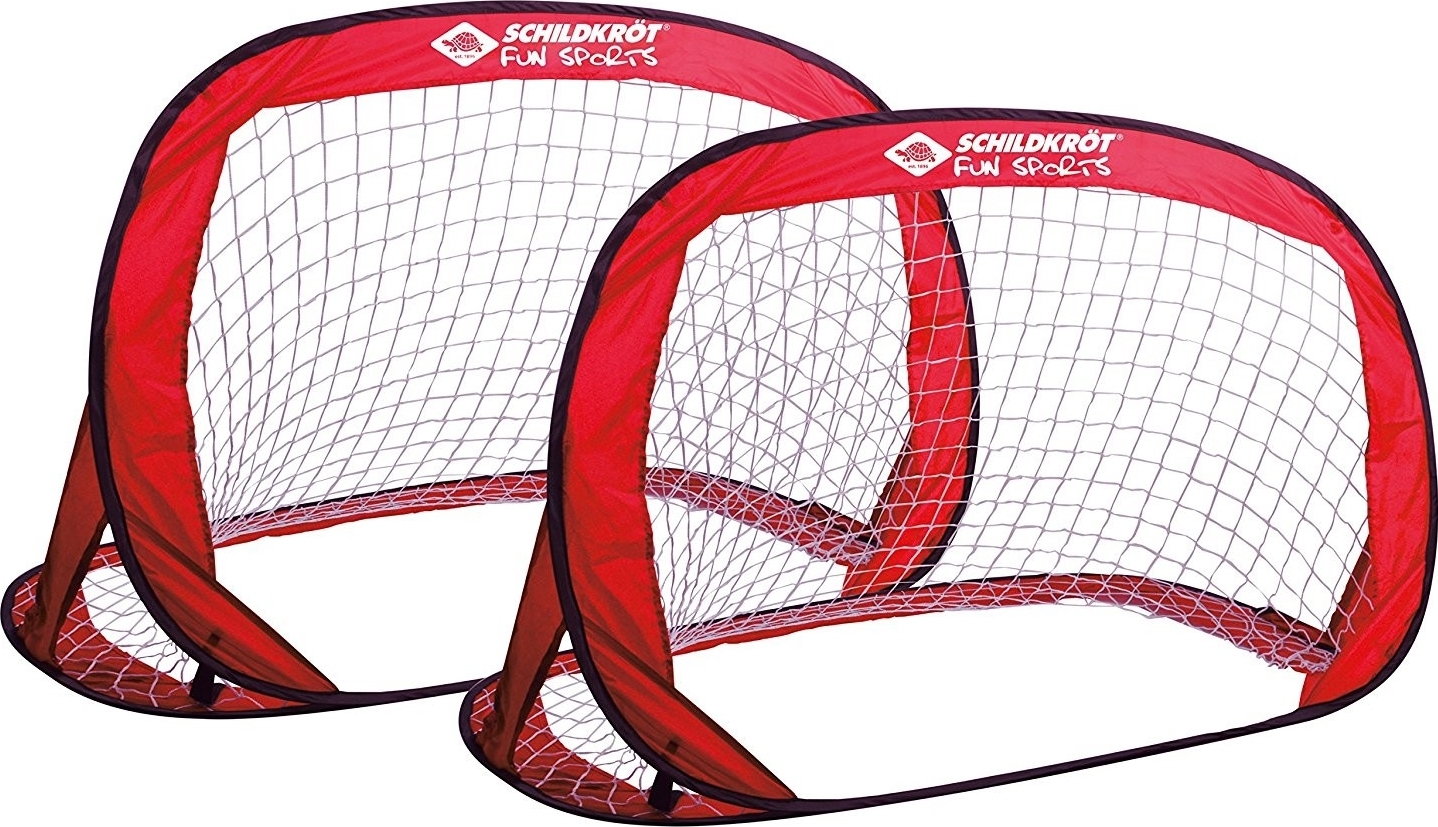 Zwei rote Schildkröt Fun Sports Pop-up-Tore nebeneinander aufgestellt, ideal für Outdoor-Spiele und Training.