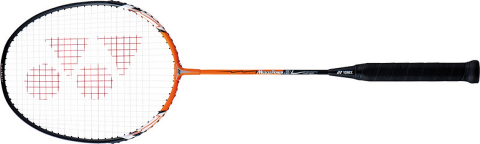 Badmintonschläger Yonex Muscle Power 5 in Schwarz-Orange mit rotem Logo auf dem Saitenbett
