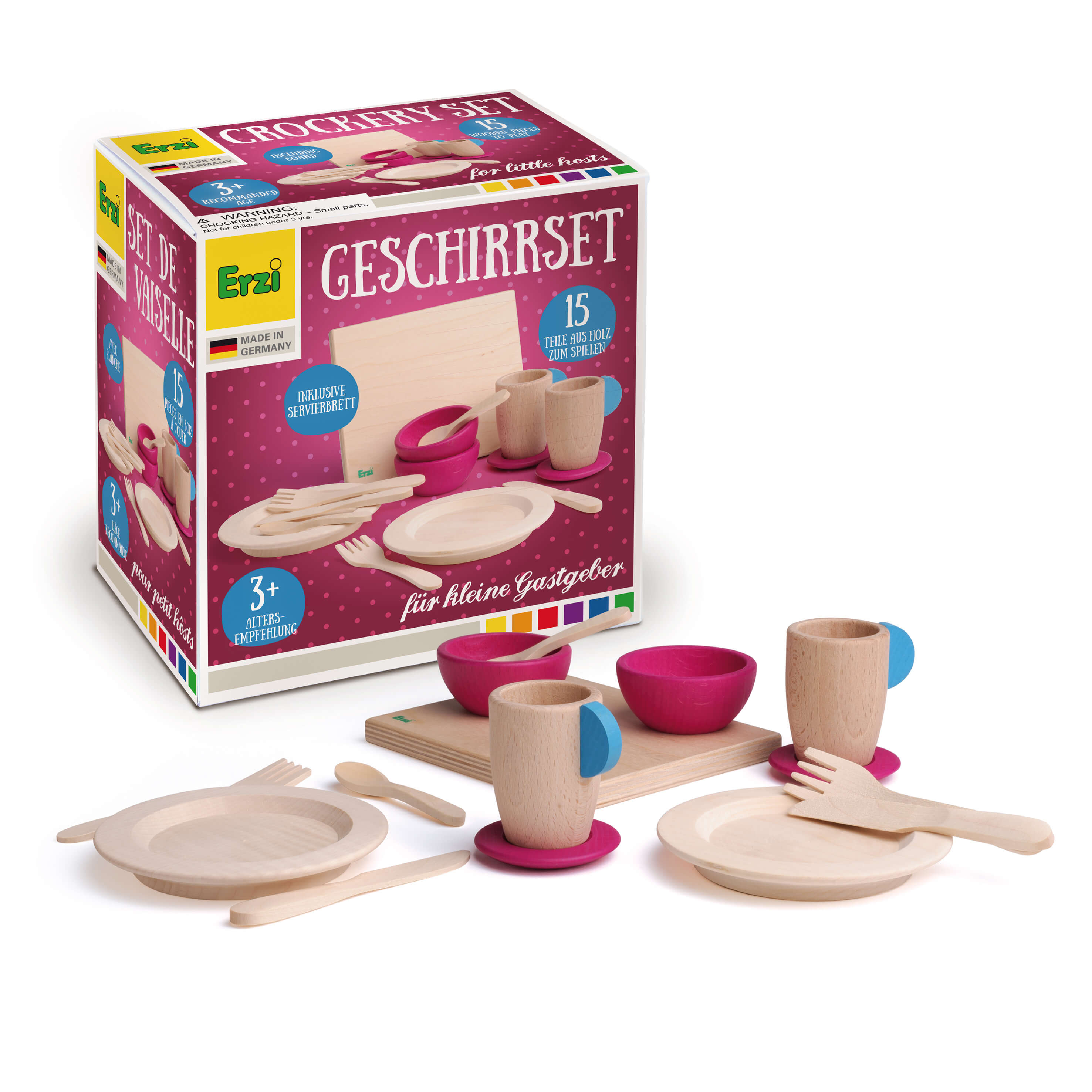15-teiliges Erzi Geschirrset aus Holz für Kinder, bestehend aus Tellern, Tassen, Besteck und Schalen